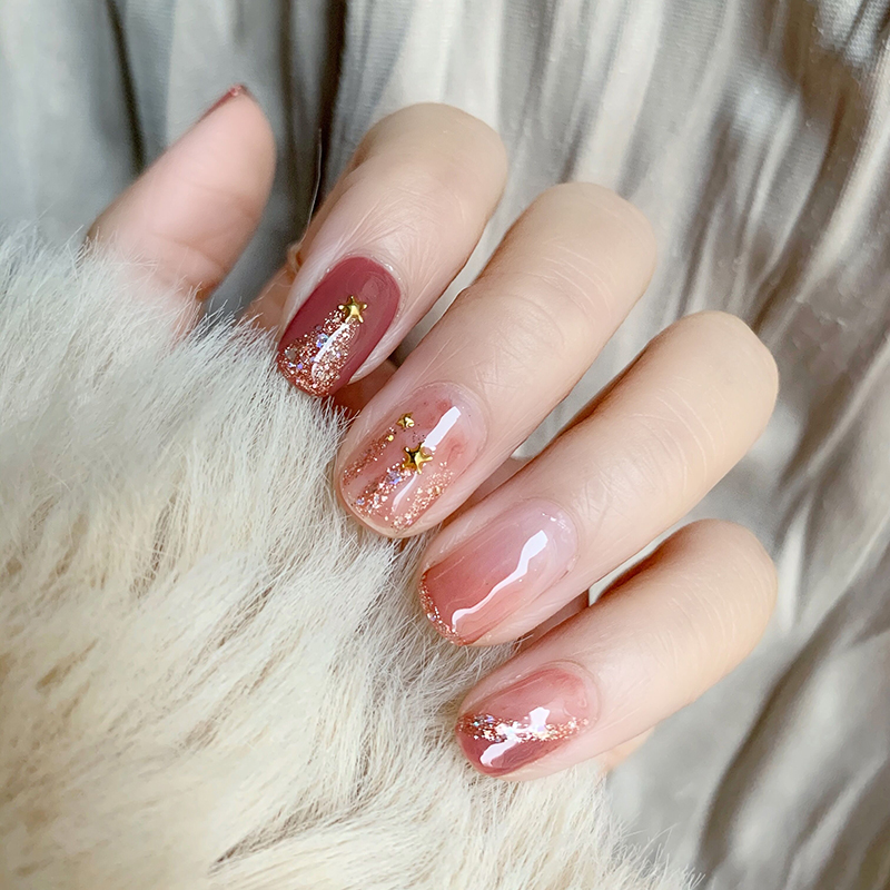 <穿戴美甲>假指甲貼片 氣質顯白琥珀冰透紅茶棕光療甲片持久可穿戴美甲成品