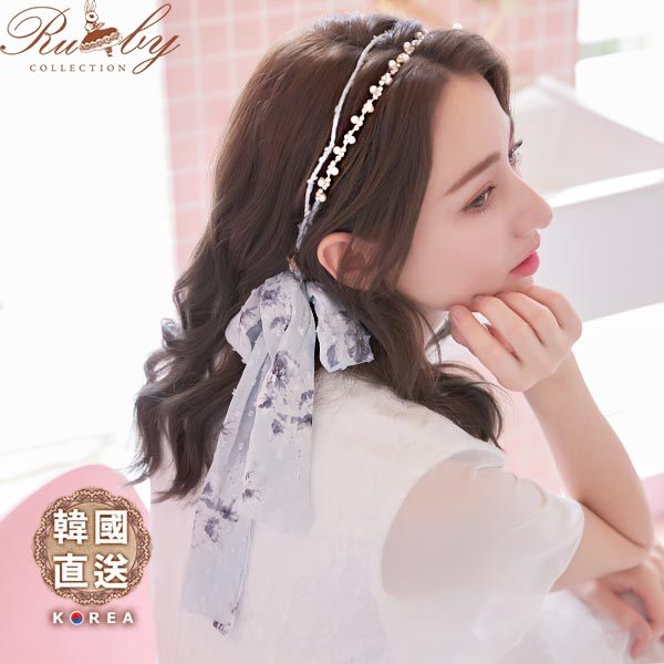 髮飾 韓國直送珍珠水鑽印花髮帶雙層髮箍-Ruby s 露比午茶