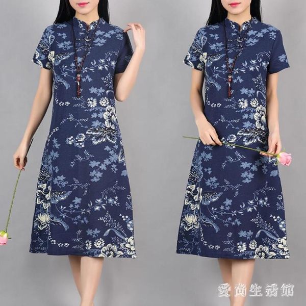 夏裝新款寬鬆大碼中長裙子復古民族風女裝棉麻洋裝旗袍短袖連衣裙 aj16481【愛尚生活館】