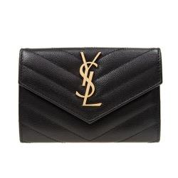 【YSL 聖羅蘭】SAINT LAURENT 魚子醬信封型單層卡夾/包 (黑/金)