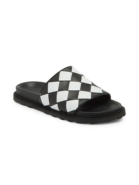 Racing checks adorn these flat leather slides.; Leather upper; Open toe; Slip-on style; Leather lini