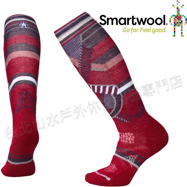 Smartwool羊毛襪/雪襪/保暖襪/美麗諾羊毛/ 女款PhD滑雪中級減震印花高筒襪 SW001002 A25 酒紅