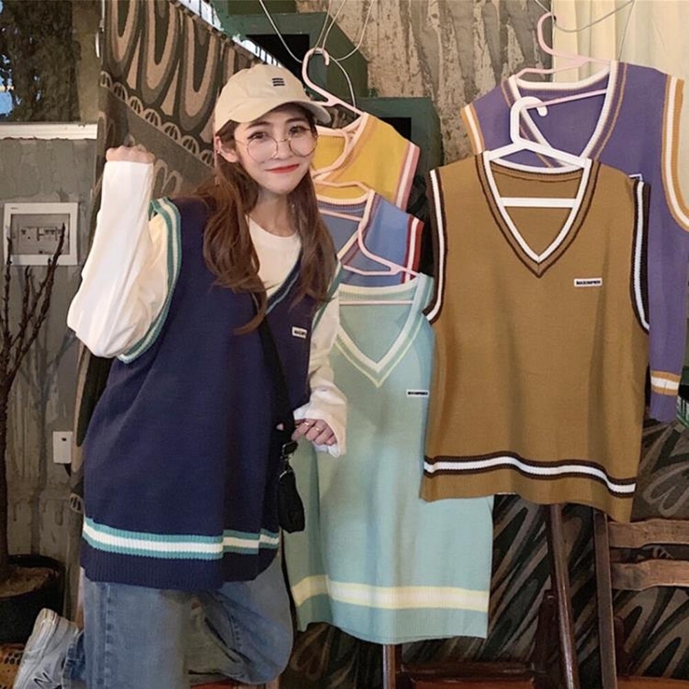 馬甲女 2019初秋新款韓版寬鬆V領條紋套頭馬夾中長款針織背心馬甲女學生【快速出貨】