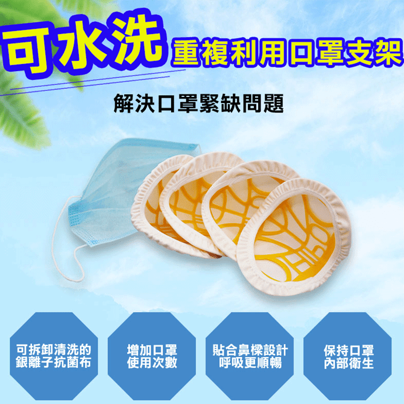 二代可水洗透氣口罩支架，可增加口罩使用次數！可拆卸清洗的海綿內墊，搭配鼻樑設計，戴眼鏡不起霧，同時保持口罩內部衛生！適用於多種款式的口罩，柔軟貼合無負擔，安全衛生、透氣隔濕！