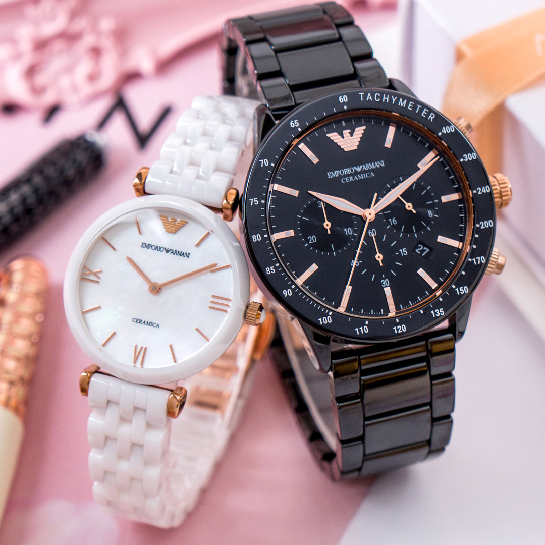 【情人錶 領券再折2%】ARMANI 黑白風潮陶瓷情人對錶/黑x白 AR70002+AR1486 情侶對錶 亞曼尼 Emporio Armani 公司貨保固 熱賣中!