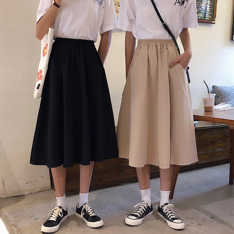 [現貨] 學院風純色口袋鬆緊高腰傘裙 高腰顯瘦寬鬆簡約休閒百搭長裙 百搭A字裙 大擺 工裝半身裙