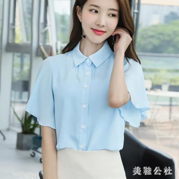 2019新款時尚淑女雪紡襯衫女文藝夏裝短袖寬鬆翻領雪紡上衣 aj15875【美鞋公社】