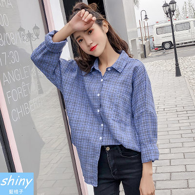 【V8172】shiny藍格子-港味復古．格紋寬鬆蝙蝠袖襯衫上衣