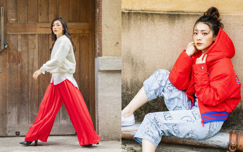 （左）H&M白色圓領毛衣 價格店洽、H&M綢緞百褶長褲 NT1,999、H&M金屬釦帶短靴 NT1,999 右）Champion刺繡字體短T NT1,380、Champion大C Logo連帽羽絨外套 價格店洽、H&M直筒高腰九分牛仔褲 NT999、Converse Jack Purcell NT2,280（圖／愛女生1月號）