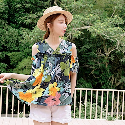 後綁帶配色大花朵印花荷葉滾邊露肩上衣-OB大尺碼