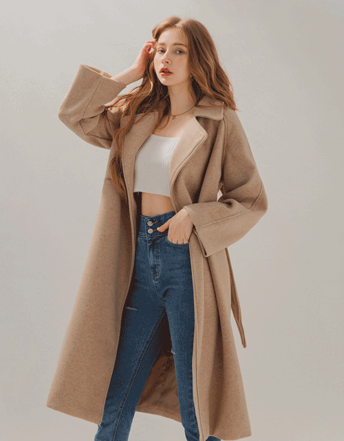 質感毛呢長版大衣(附腰帶)