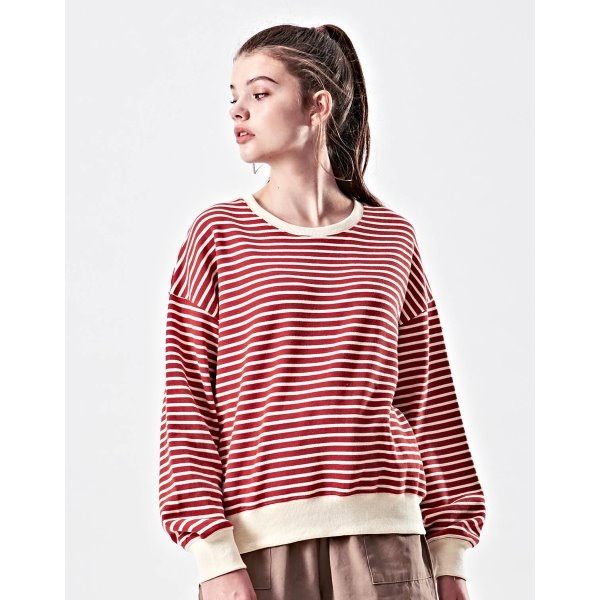 落肩寬鬆版型，條紋雙面針織面料。