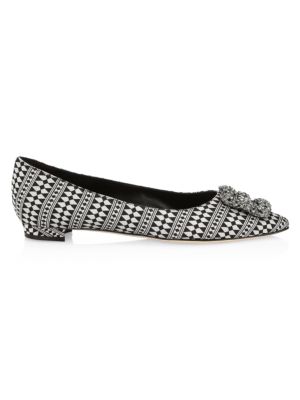 Stunning geometric-print ballet flats with Blahnik's signature crystal-encrusted buckle at the toe.;
