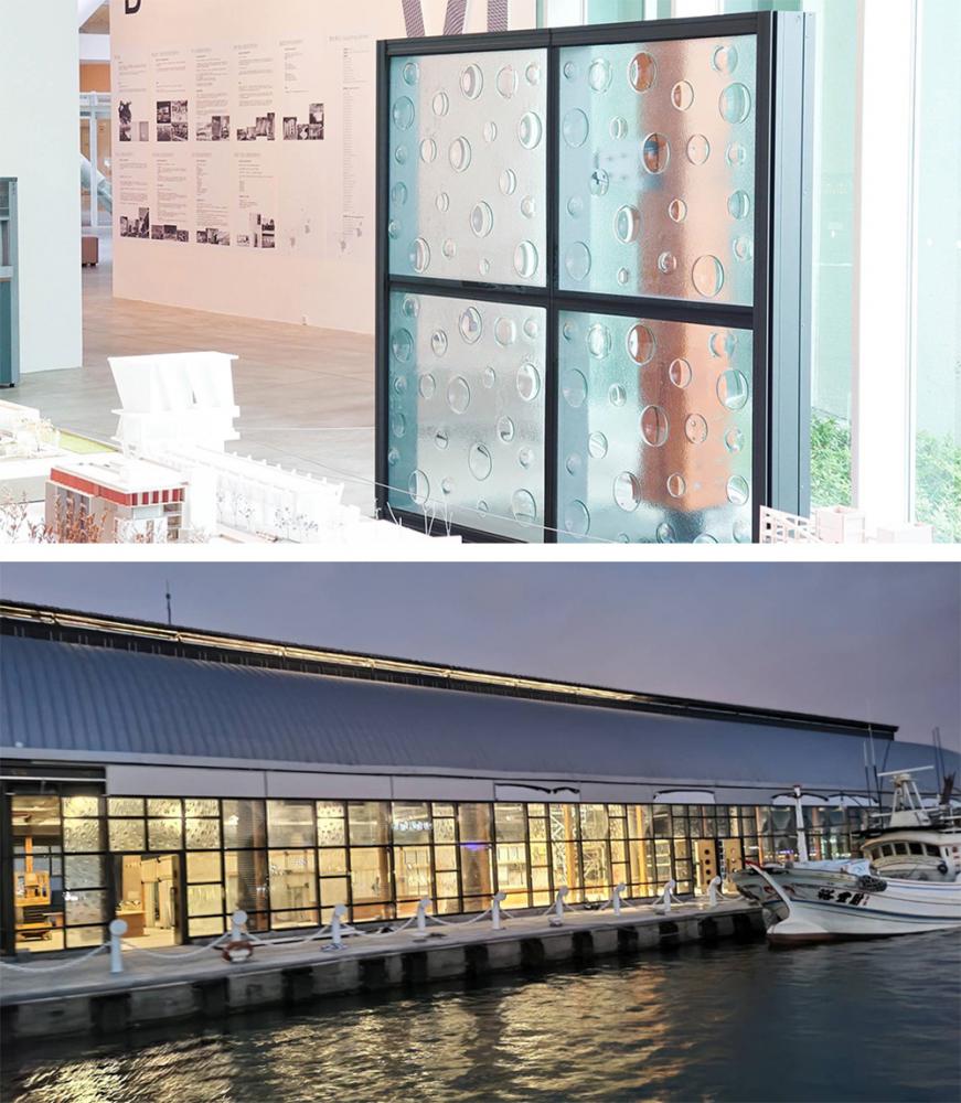 鼓山魚市場外牆使用的窯燒玻璃，營造出水的泡泡感，中間有空氣層能兼顧節能效果，透過光線反射可呈現不同的看海心情。(圖片提供/上圖：趙建銘建築師、下圖：高雄市政府海洋局)