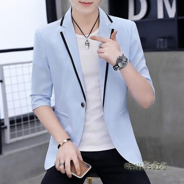 夏季男士小西裝男短袖韓版修身七分袖外套潮流休閒薄款中袖西服男「時尚彩虹屋」
