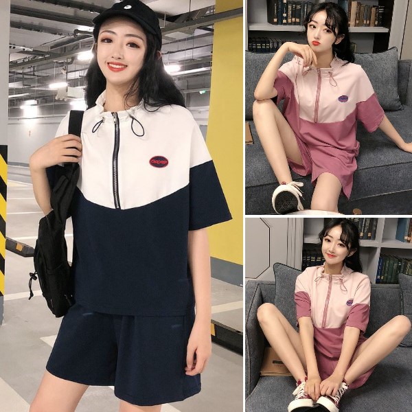 M-2XL實拍運動休閒風寬鬆撞色拉鍊短袖上衣+運動短褲(兩件式套裝)-優美依戀