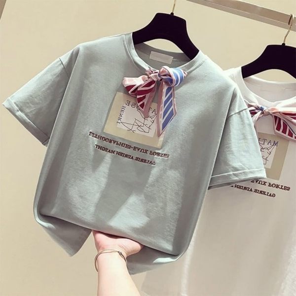 蝴蝶結英文字印花短袖上衣-共3色-93420(M-XL可選)