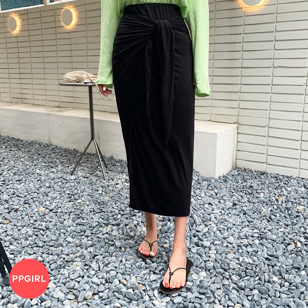 [PPGIRL官方旗艦店]鬆緊腰綁帶感貼身長裙