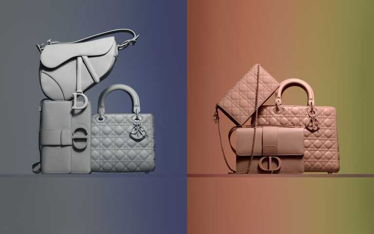 Saddle Ultra Matte 特亞農灰小牛皮馬鞍包／115,000元、30 Montaigne Ultra Matte 特亞農灰粒紋小牛皮翻蓋包／120,000元、Lady Dior mini Ultra Matte 特亞農灰籐格紋小牛皮鍊帶包／120,000元、Lady Dior Ultra Matte 裸膚粉籐格紋小牛皮鍊帶長夾／58,000元、30 Montaigne Ultra Matte 裸膚粉粒紋小牛皮翻蓋包／120,000元、Lady Dior Ultra Matte 裸膚粉籐格紋小牛皮大型提包／165,000元（圖／品牌提供）