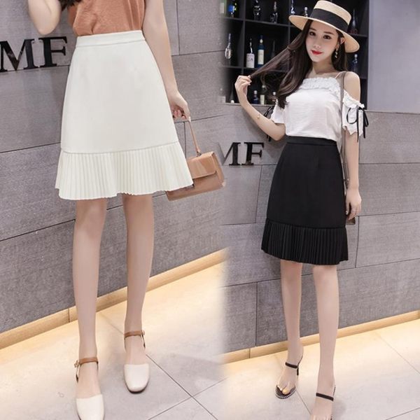 A字裙 半身裙女夏2019新款韓版雪紡裙子中裙高腰包臀裙魚尾裙黑色IP2334【花貓女王】