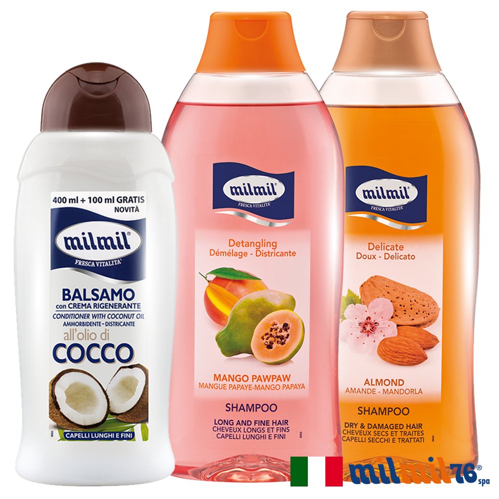 【義大利MILMIL】修護滋養洗護髮專用超值3入組(甜杏仁洗髮+荷荷巴油洗髮+椰子油護髮)