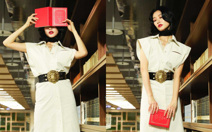 BOTTEGA VENETA Dress 洋裝／約43,890元；GUCCI Leather Choker 頸鍊／13,500元、Leather Belt with Lion Head Buckle 腰帶／約33,070元（圖／戴世平攝）