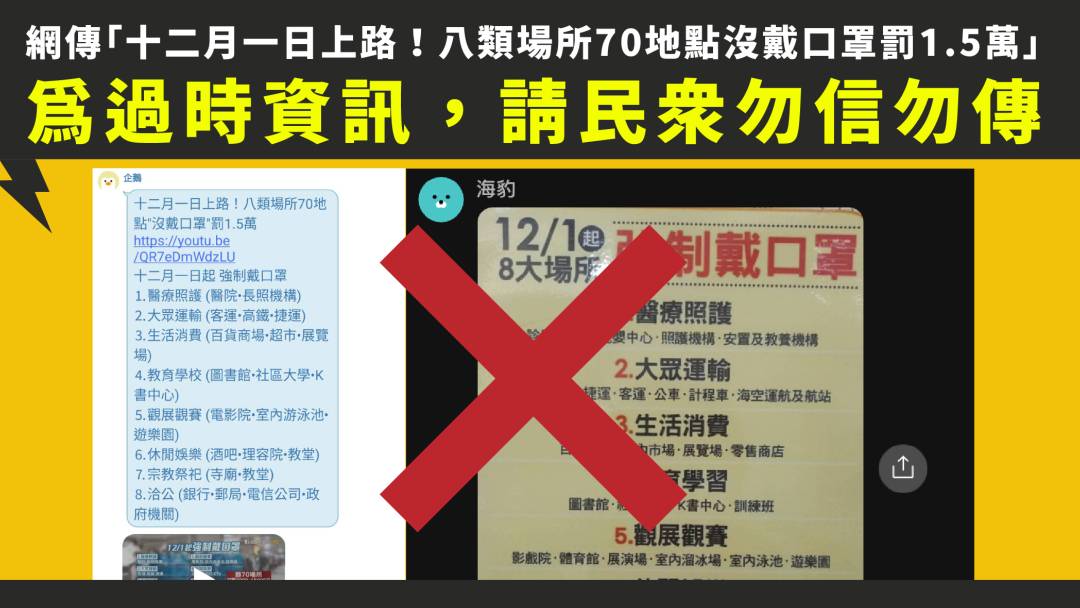 收到「8大場所強制戴口罩」別轉傳！ 疾管署緊急澄清：錯誤資訊 太報 Line Today