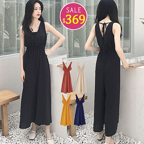 雪紡V領鬆緊連身褲 R1