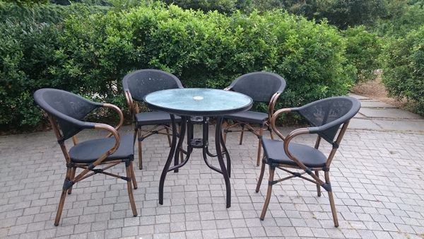 兄弟牌星巴克鋁合金休閒椅4張+80cm鋁合金圓桌/組，強韌度紗網編織包覆佳舒適~骨架戶外不生鏽!