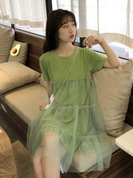 網紗裙 牛油果綠連衣裙女夏2019新款很仙的桔梗裙短袖網紗裙【快速出貨】