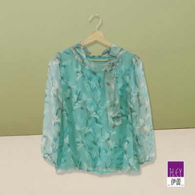 ILEY伊蕾 領巾造型雅致印花上衣(水)