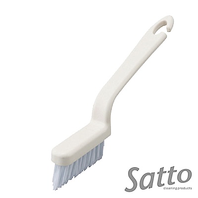 特殊尖型刷頭，方便清除磁磚細縫與角落 刷柄末端掛勾設計，方便收納擺放 人體工學設計，握拿輕鬆方便使用