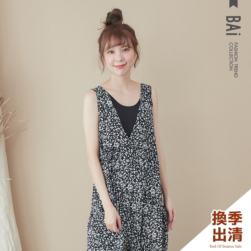 背心裙 前後兩穿款！黑白剪影小碎花大V&方領長版連身裙-BAi白媽媽【301769】