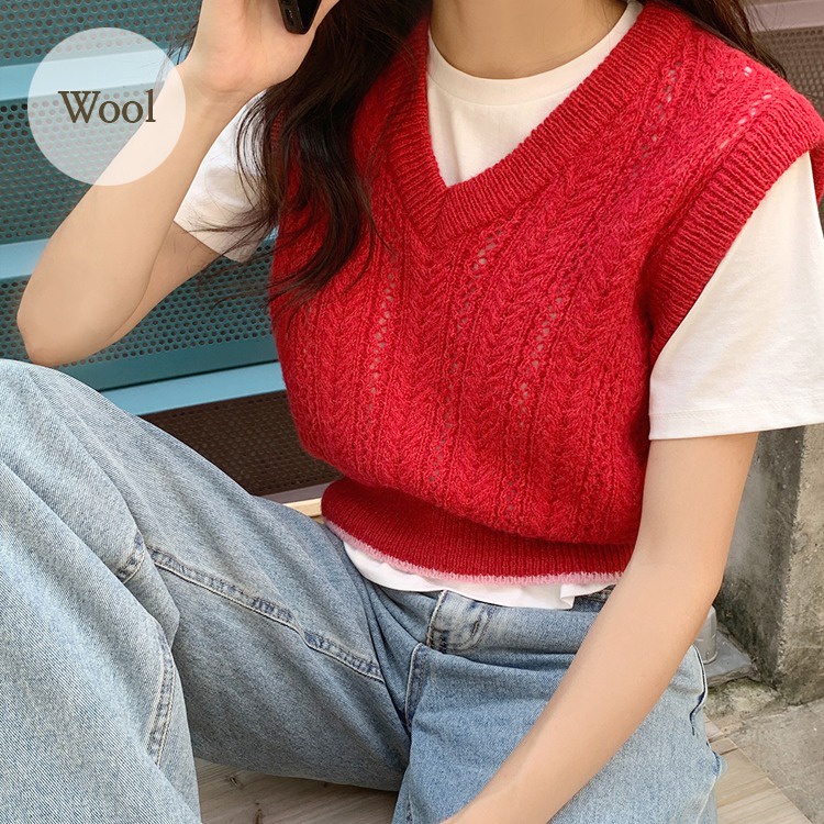 [MOCOBLING]V領鏤空編織針織背心