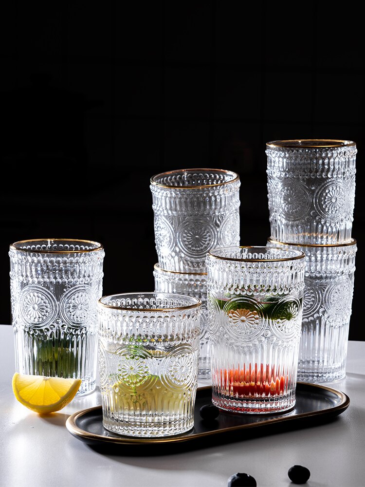 金邊玻璃杯創意浮雕太陽花水杯 家用杯子啤酒杯口杯茶杯