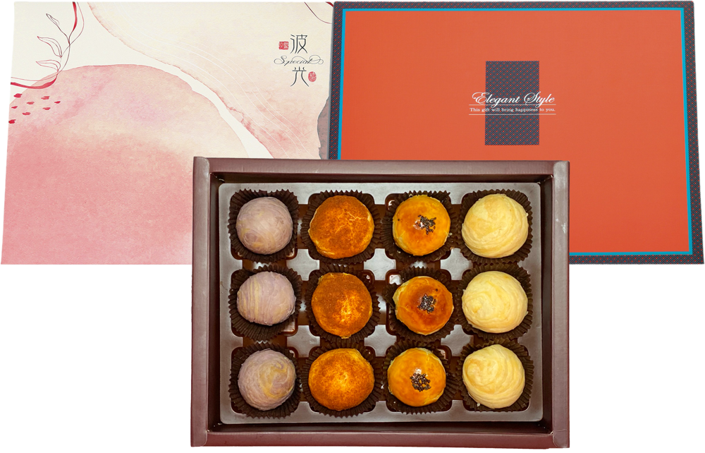 品名 9易餅舖映月波光 內容物 麻辣椪金祕酥芋核酥蛋黃酥 淨重容量 582公克10% 食品添加物名稱 辣雞肉絲核桃麻糬牛奶豆沙鹹蛋黃黑芝麻紅豆餡綠豆沙 製造廠商或國內負責廠商名稱 玖易餅舖 原產地(國