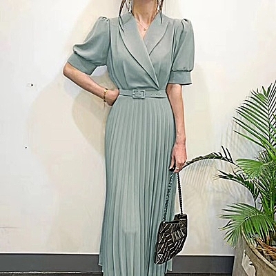 韓國復古OL西裝翻領 配腰帶顯瘦百褶長款連身裙女