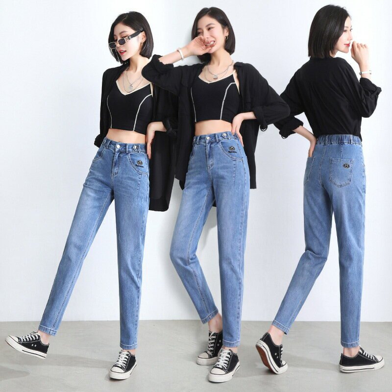 老爹牛仔褲 女春秋2021年新款 高腰薄款褲子 直筒女褲夏季蘿蔔哈倫褲★熟齡時尚★樂齡生活