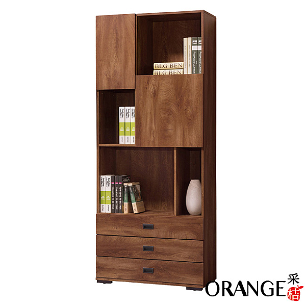 防蛀木心板+五金滑軌結構 淺胡桃木紋＋黑鐵砂腳座 二抽屜＋開放式層格＋開門櫃 免組裝