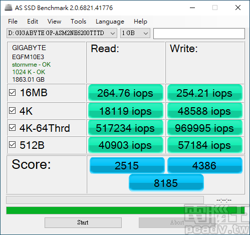 ▲ 由於 AORUS NVMe Gen4 SSD 2TB IOPS 表現良好，因此 AS SSD Benchmark 測試項目可獲得 8185 高分。