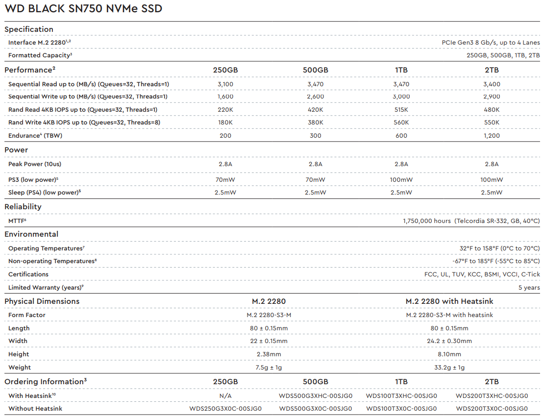 WD Black SN750 NVMe SSD 各容量版本規格與效能差異對照表