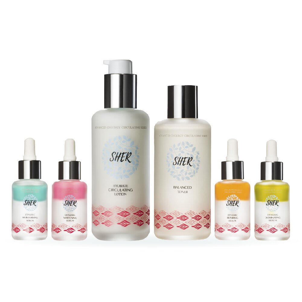 鼠尾草保濕彈潤精萃+雛菊維C提亮精萃+紅石榴活顏修復精萃+香桃木控油淨膚精萃+愛爾蘭藻平衡機能水+雪耳潤潤精華乳(循環能量植萃生活系列全系列)