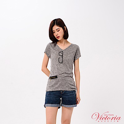 Victoria 裝飾拉鍊鏡片鏡框亮片繡短袖T-女-深灰花紗