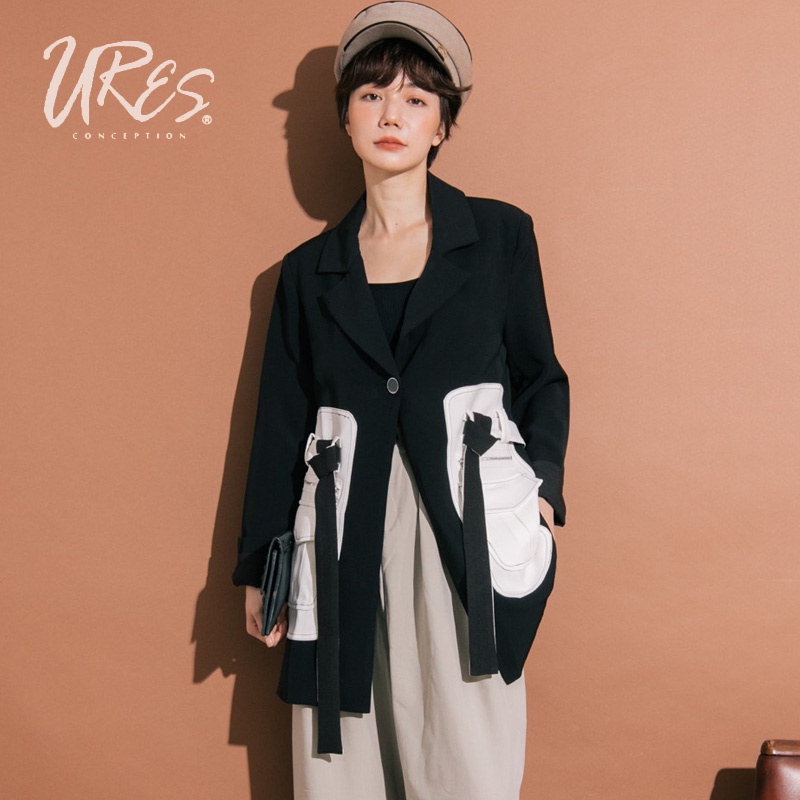 URES 設計款翻領撞色拼接口袋系腰帶西裝外套【881119400】
