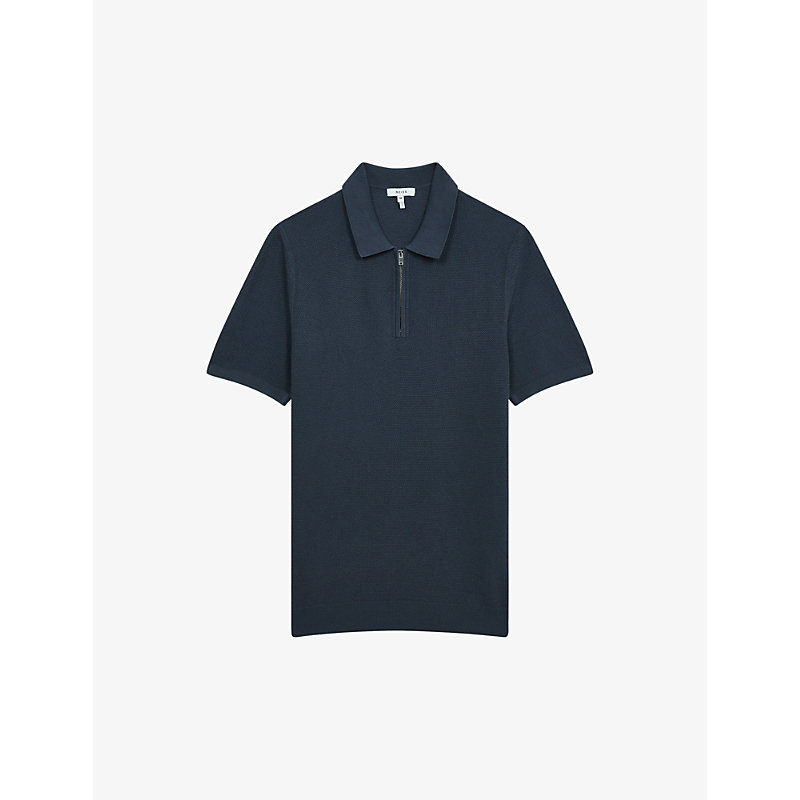 Reiss Mens Blue Otis Half-zip Cotton-blend Polo L