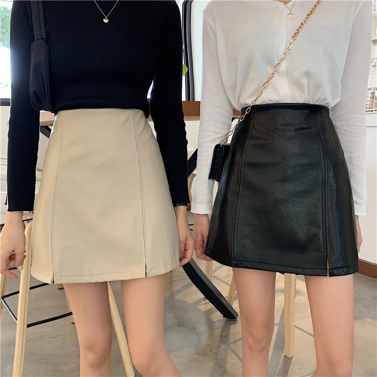 超美牛油果綠 韓版高腰開叉A字PU短裙約會裙【YY9108S3US】Lanny Dress