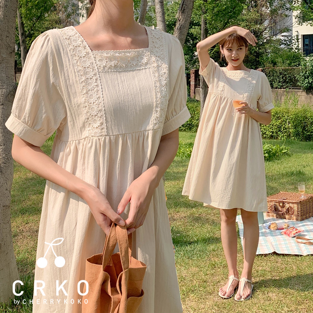 [CHERRYKOKO官方旗艦店]緹花蕾絲裝飾方領甜美洋裝