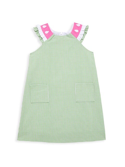A sweet, textured seersucker dress defined by watermelon seed appliques with ruffle trim at the neck