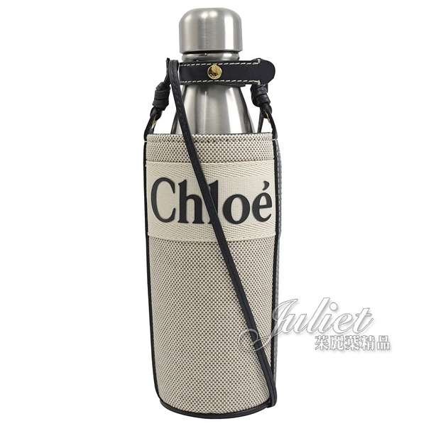 茱麗葉精品【全新現貨】CHLOE FREDY 經典織帶帆布斜背水瓶收納包.米黑/含水瓶