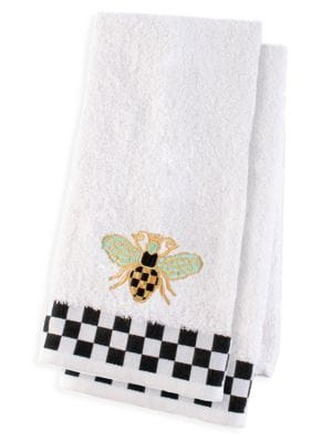 Ornately embroidered Queen Bee hand towels with soft absorbent loops and MacKenzie-Childs' signature